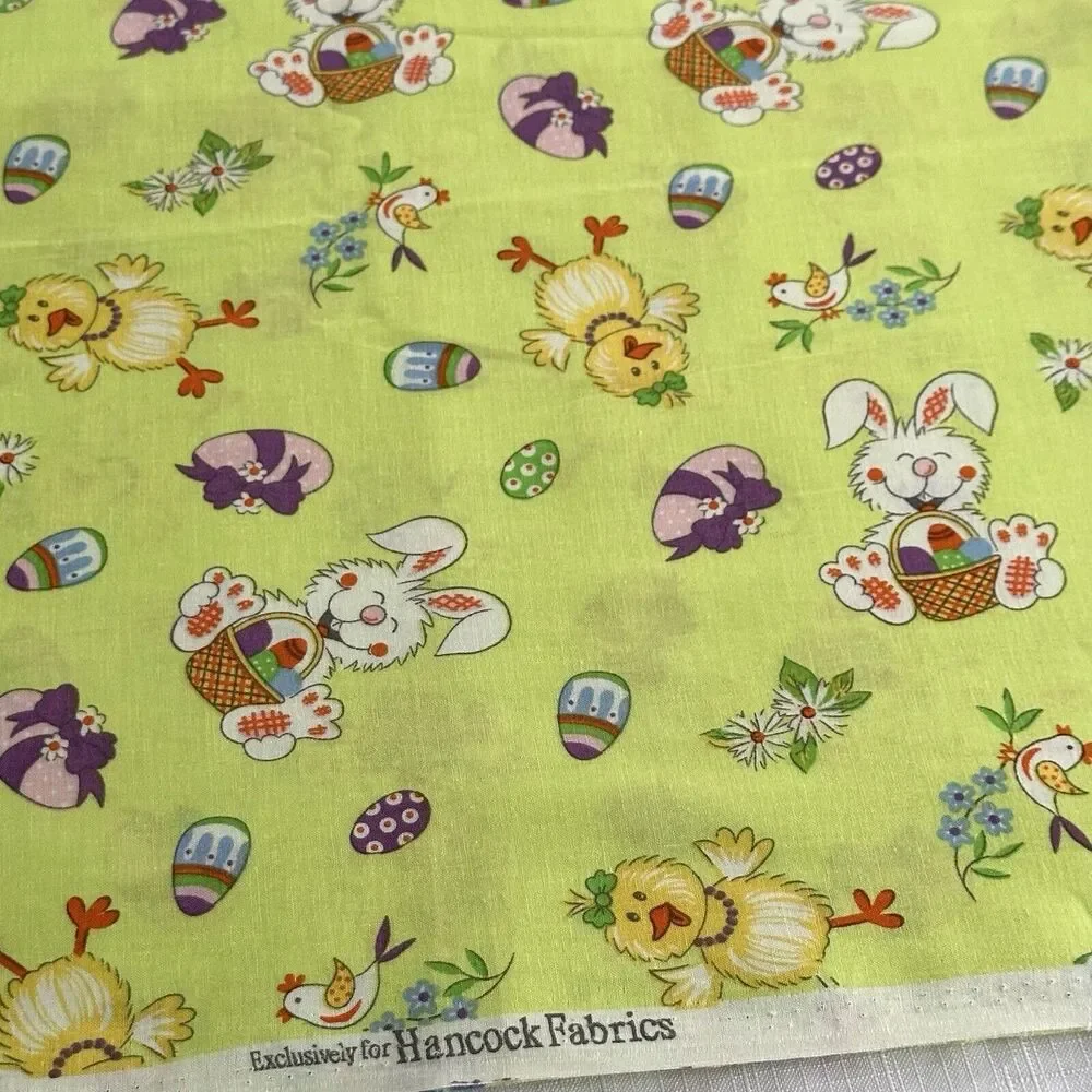 Easter Fabric Bunny Chick Easter Eggs on Green Cotton  1yd 35
